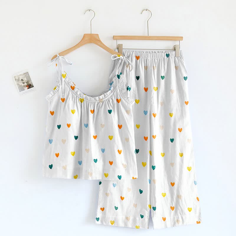 Loungewear mit Spaghettiträgern und Herzchenmuster - image 2