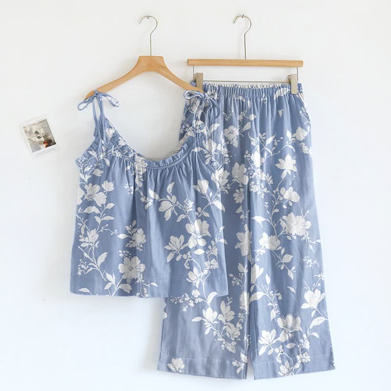 Loungewear mit botanischem Blumenmuster und Spaghettiträgern - Blau - XL - image 0