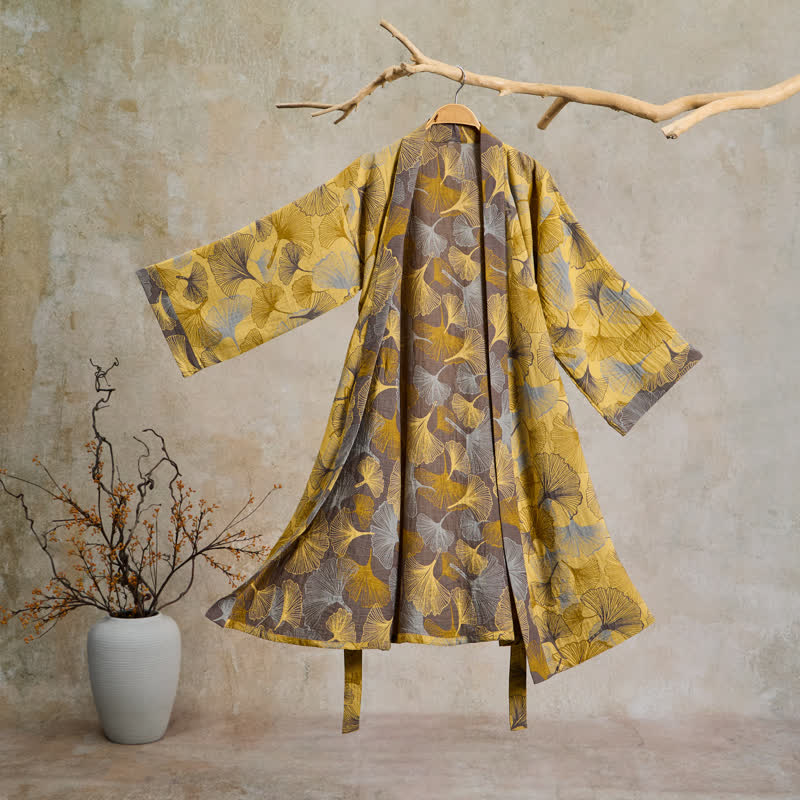 Vintage-Bademantel aus doppellagigem Baumwollgewebe mit Ginkgoblatt - Gelb - 2XL - image 0
