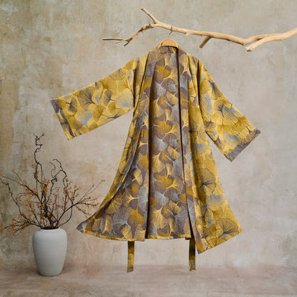 Vintage-Bademantel aus doppellagigem Baumwollgewebe mit Ginkgoblatt - Gelb - 2XL - image 0