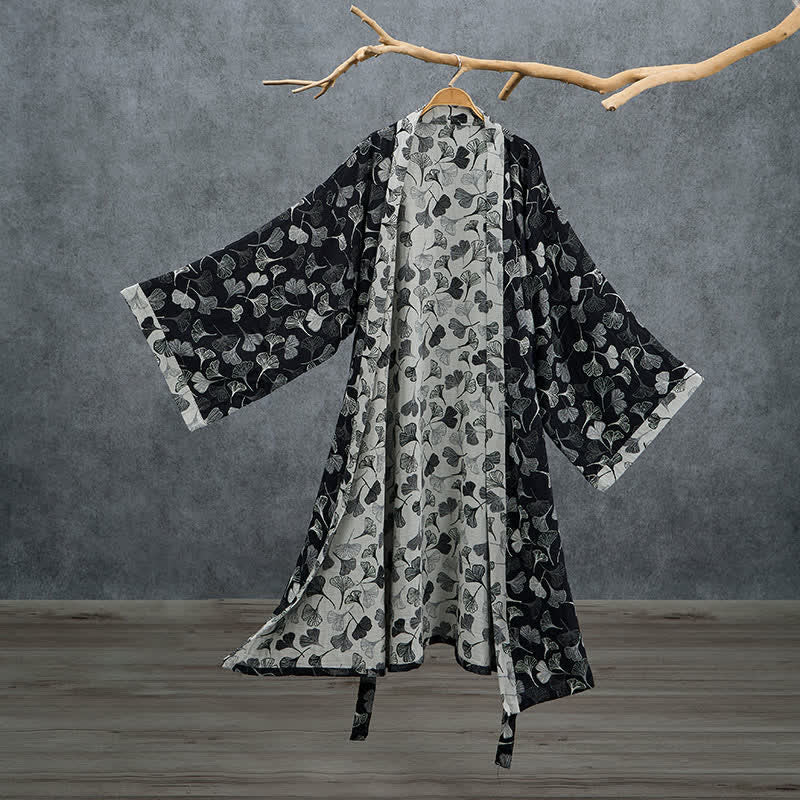 Kimono-Bademantel aus Baumwolle mit schwarzem und weißem Ginkgoblattmuster - Schwarz - 2XL - image 0