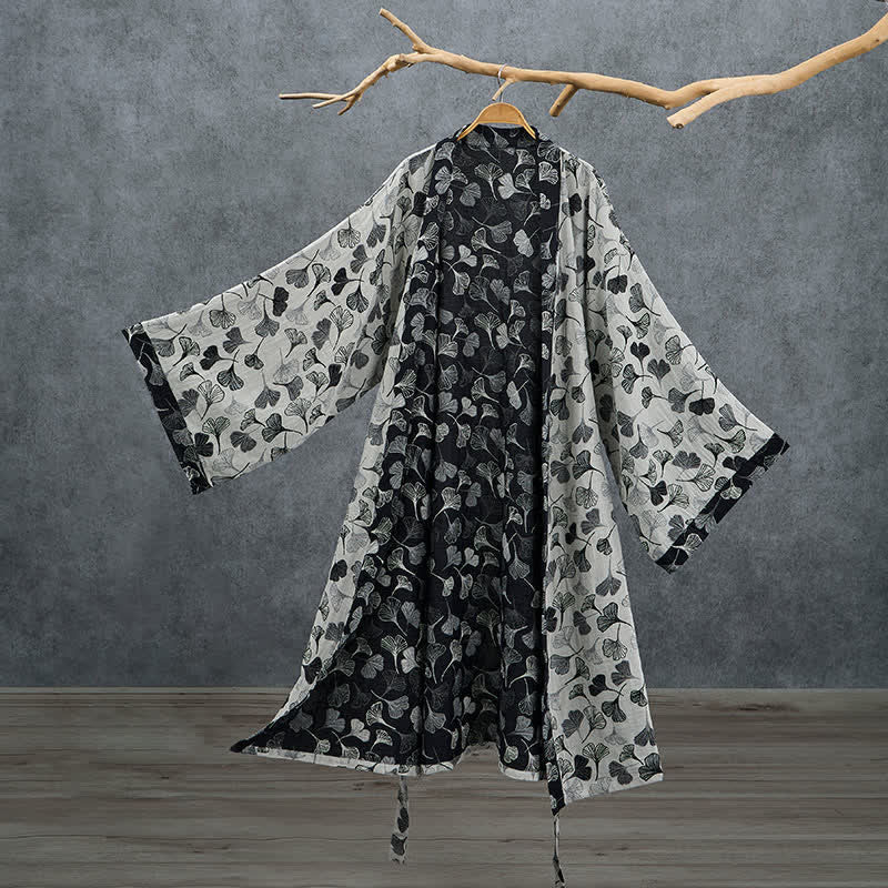 Kimono-Bademantel aus Baumwolle mit schwarzem und weißem Ginkgoblattmuster - Weiß - 2XL - image 7