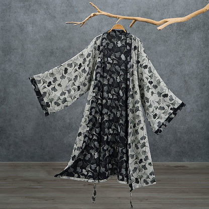 Kimono-Bademantel aus Baumwolle mit schwarzem und weißem Ginkgoblattmuster - Weiß - 2XL - image 7