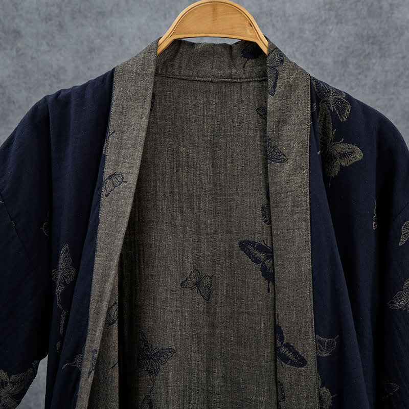 Marineblauer Kimono-Bademantel aus doppellagigem Baumwoll-Doppelgaze mit Schmetterlingsmotiv - image 3