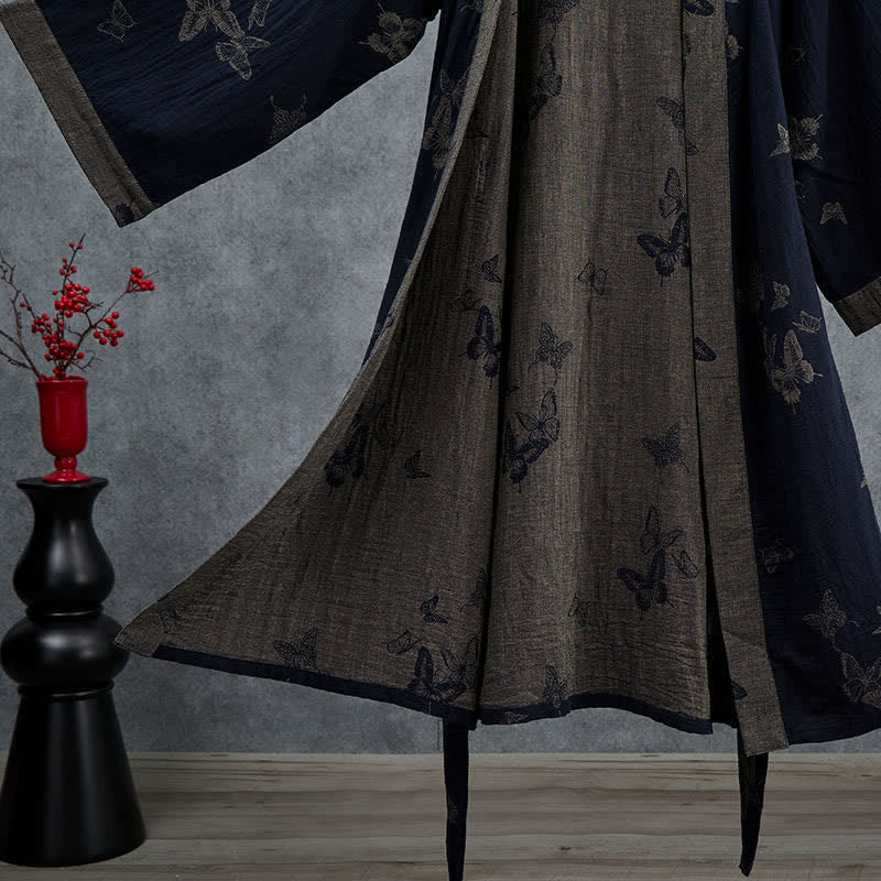 Marineblauer Kimono-Bademantel aus doppellagigem Baumwoll-Doppelgaze mit Schmetterlingsmotiv - image 4