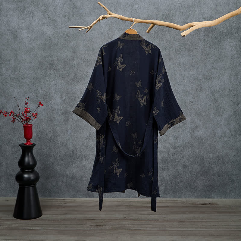 Marineblauer Kimono-Bademantel aus doppellagigem Baumwoll-Doppelgaze mit Schmetterlingsmotiv - image 1