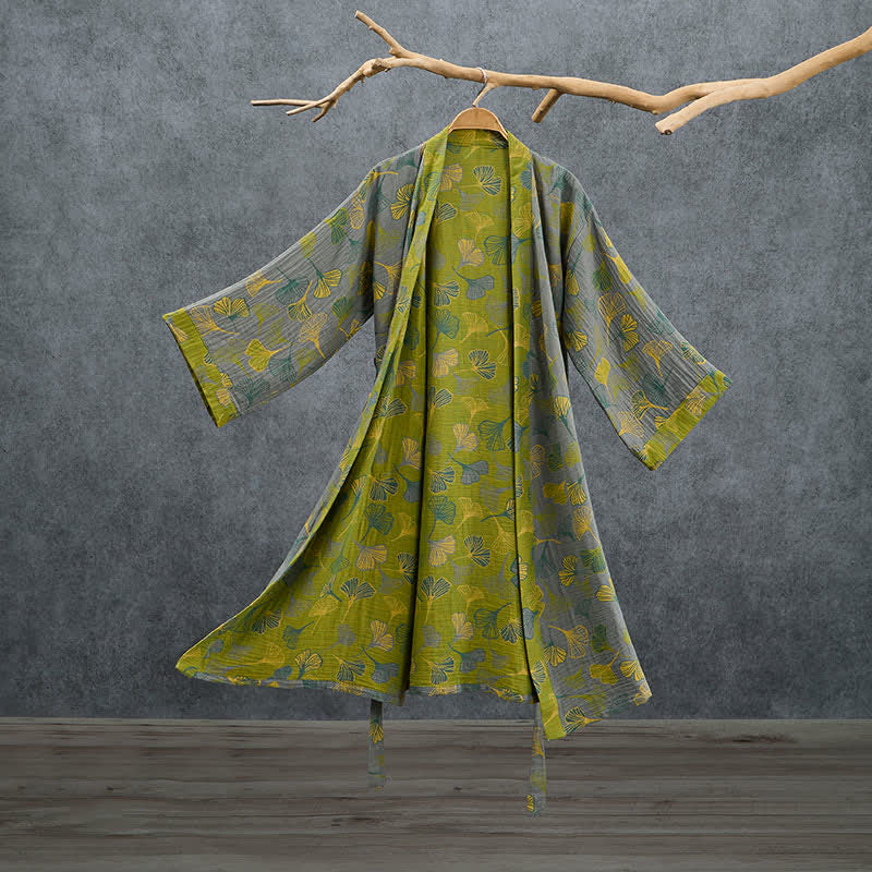 Kimono-Bademantel aus grün-grauem Ginkgoblatt-Baumwollstoff - Grau - 2XL - image 7