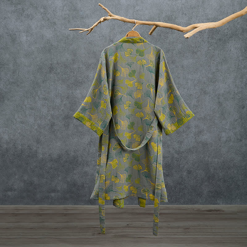 Kimono-Bademantel aus grün-grauem Ginkgoblatt-Baumwollstoff - image 8