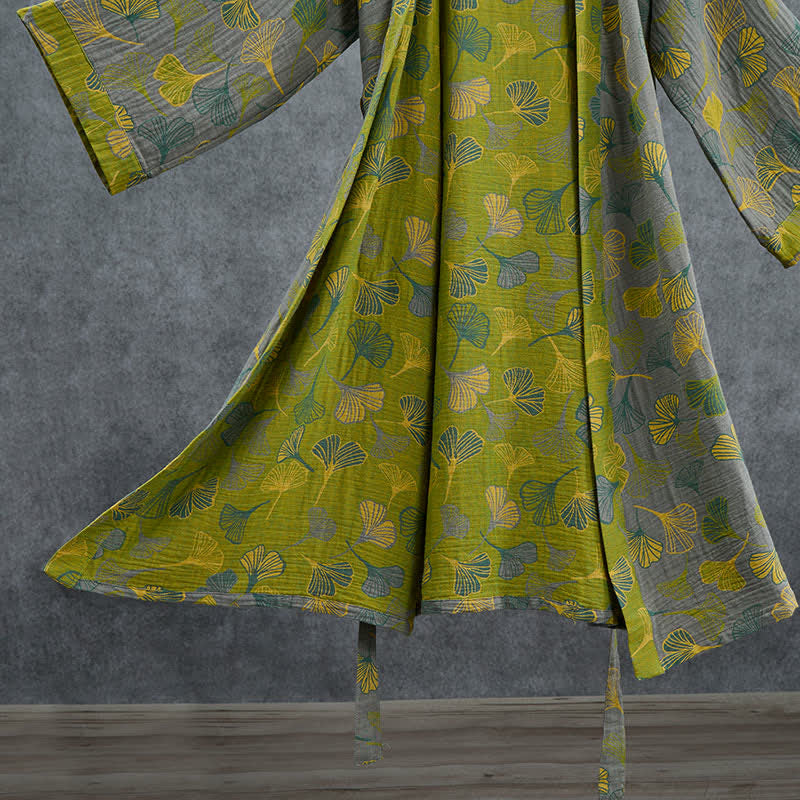 Kimono-Bademantel aus grün-grauem Ginkgoblatt-Baumwollstoff - image 11