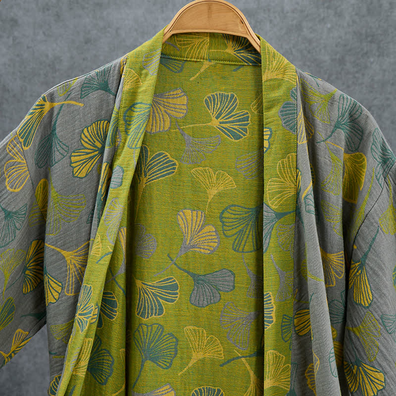 Kimono-Bademantel aus grün-grauem Ginkgoblatt-Baumwollstoff - image 10