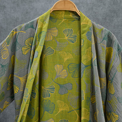 Kimono-Bademantel aus grün-grauem Ginkgoblatt-Baumwollstoff - image 10