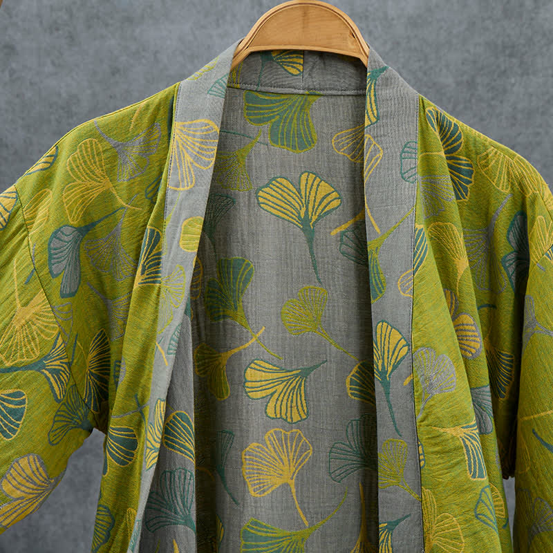 Kimono-Bademantel aus grün-grauem Ginkgoblatt-Baumwollstoff - image 3