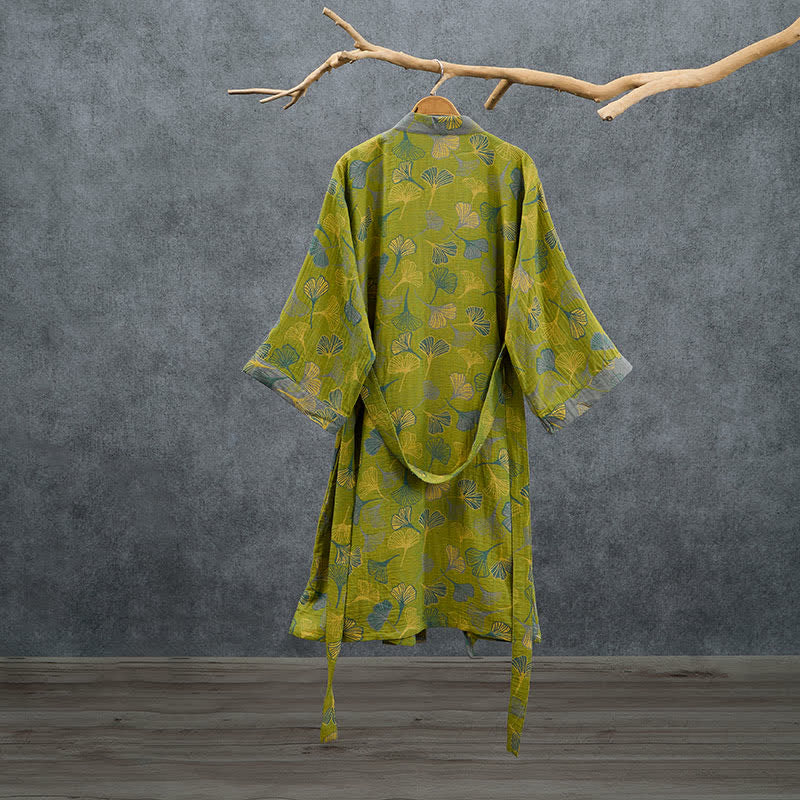 Kimono-Bademantel aus grün-grauem Ginkgoblatt-Baumwollstoff - image 1