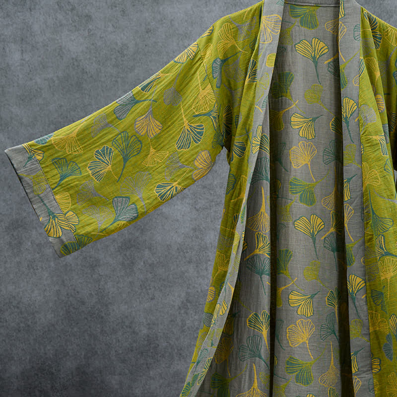 Kimono-Bademantel aus grün-grauem Ginkgoblatt-Baumwollstoff - image 2