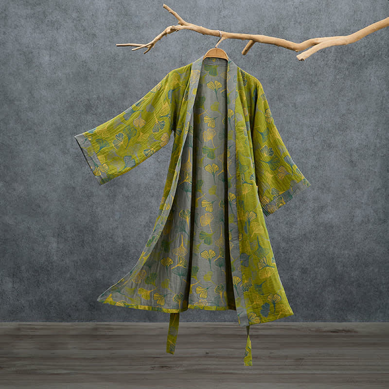 Kimono-Bademantel aus grün-grauem Ginkgoblatt-Baumwollstoff - Grün - 2XL - image 0