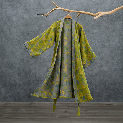 Kimono-Bademantel aus grün-grauem Ginkgoblatt-Baumwollstoff - Grün - 2XL - image 0