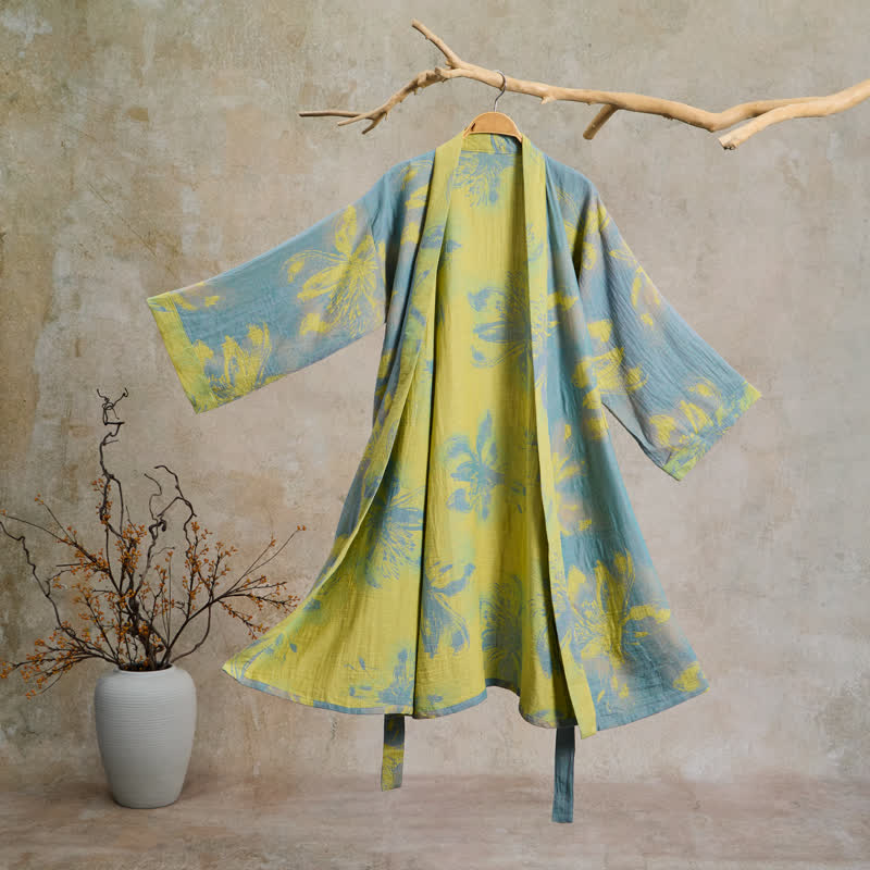 Kimono-Bademantel aus doppellagigem Baumwollgewebe mit Blumenmuster im Boho-Stil - Cyan - 2XL - image 0