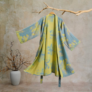 Kimono-Bademantel aus doppellagigem Baumwollgewebe mit Blumenmuster im Boho-Stil - Cyan - 2XL - image 0
