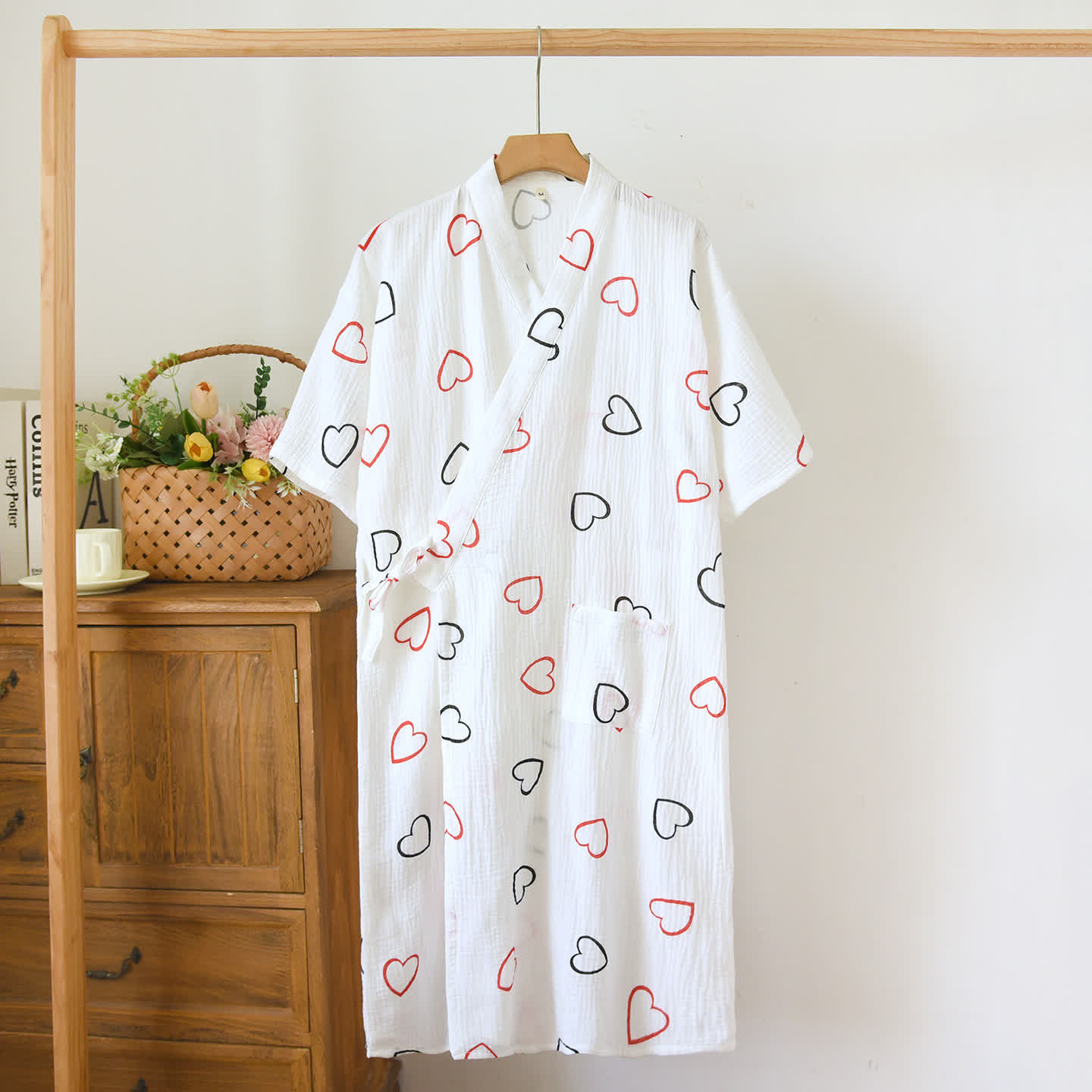 Kimono-Bademantel aus Musselin mit Herzmuster - Beige - L - image 0