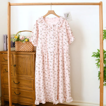 Zartes Nachthemd aus Baumwollmusselin mit Rüschenkragen und Blumenmuster - Rosa - XL - image 0