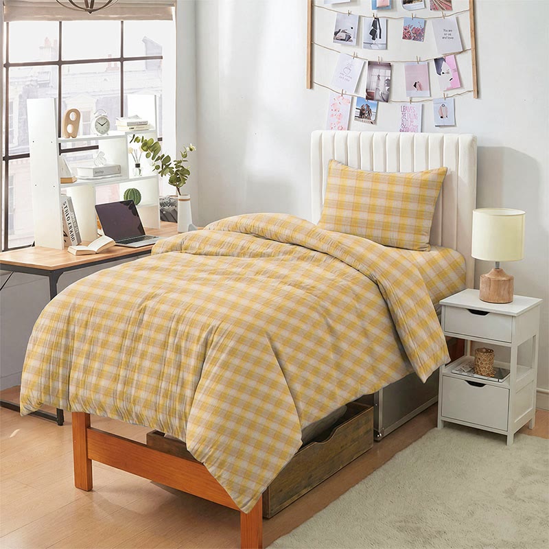 Pastellfarbenes Vichy-Karo-Bettwäscheset (Einzelbett XL) - Gelb - Twin XL - 5-teiliges Komplettset - image 6
