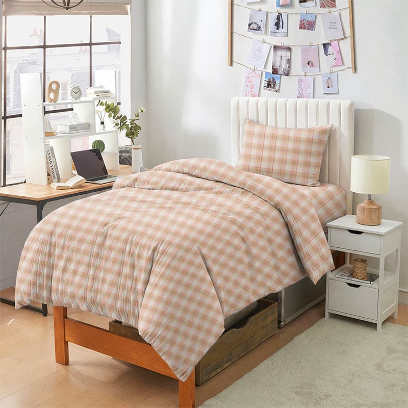 Pastellfarbenes Vichy-Karo-Bettwäscheset (Einzelbett XL) - Orange - Twin XL - 5-teiliges Komplettset - image 12