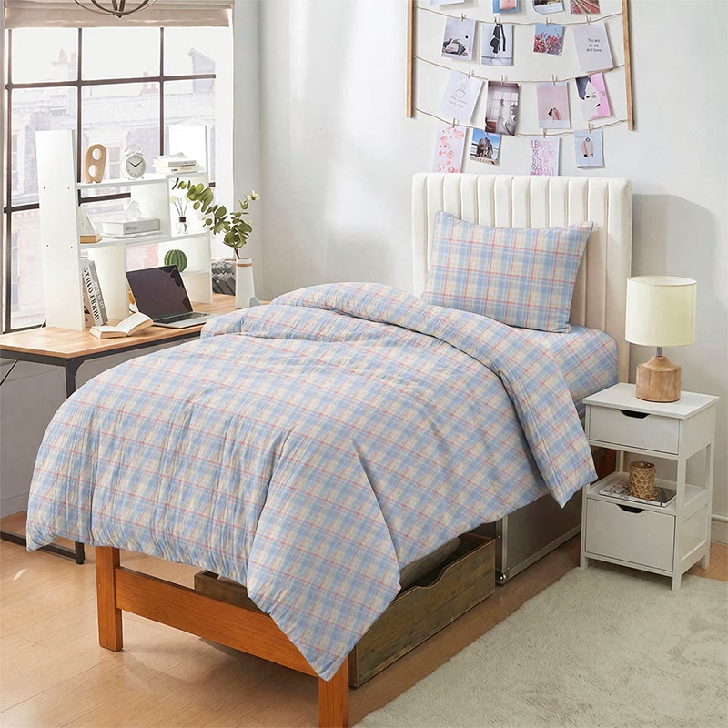 Pastellfarbenes Vichy-Karo-Bettwäscheset (Einzelbett XL) - Blau - Twin XL - 5-teiliges Komplettset - image 0