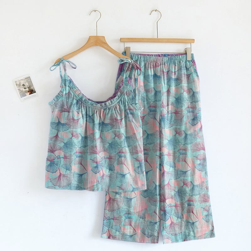Traumhaftes Loungewear-Set mit Ginkgoblatt-Cami-Kleidung - Blau Rosa - XL - image 5