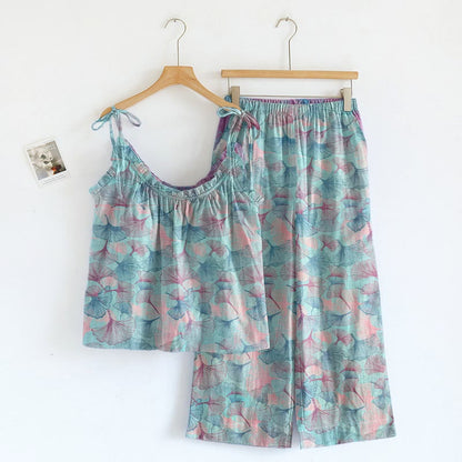Traumhaftes Loungewear-Set mit Ginkgoblatt-Cami-Kleidung - Blau Rosa - XL - image 5