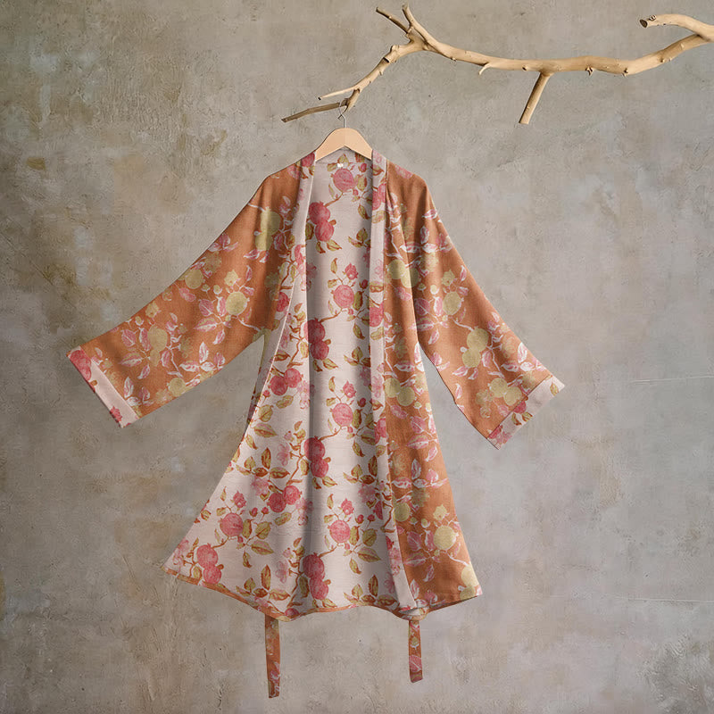 Kimono-Bademantel aus Baumwolle mit botanischem Granatapfelmuster - Grün & Rot - 2XL - image 0