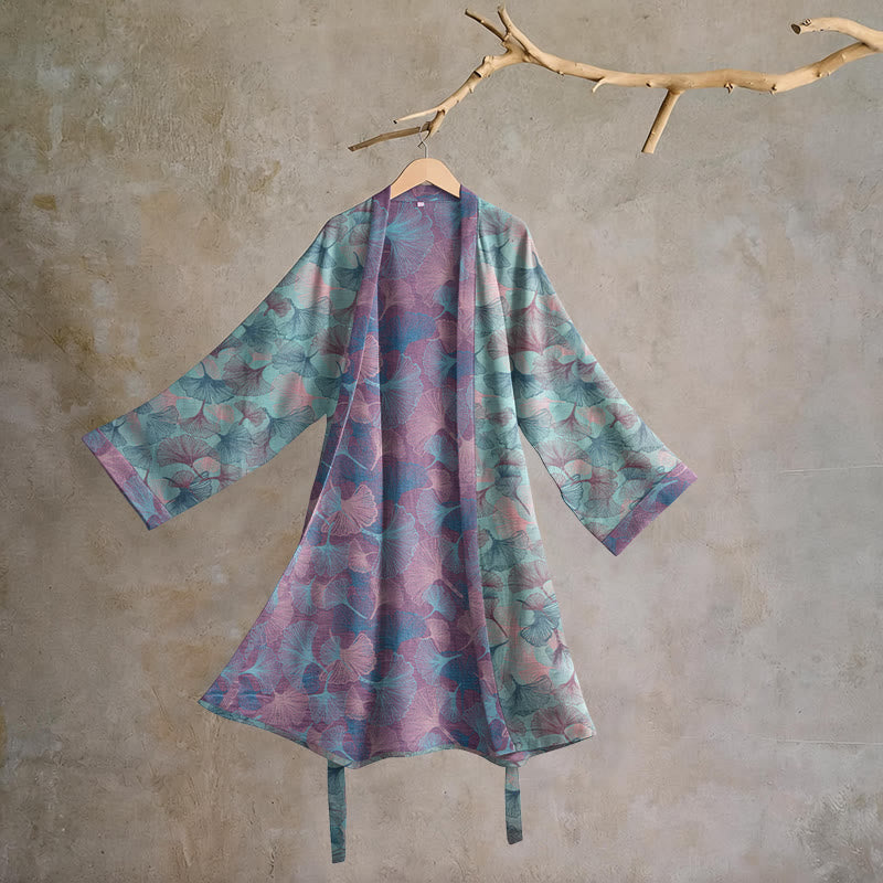 Traumhafter Kimono-Bademantel aus Baumwolle mit Ginkgoblattmuster - Minze Lavendel - 2XL - image 0