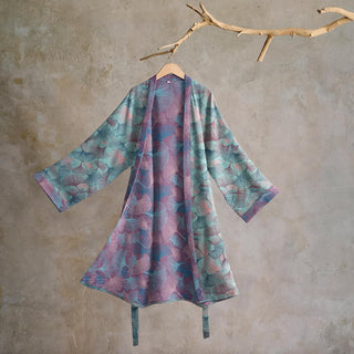 Traumhafter Kimono-Bademantel aus Baumwolle mit Ginkgoblattmuster - Minze Lavendel - 2XL - image 0