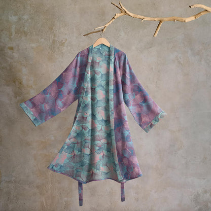 Traumhafter Kimono-Bademantel aus Baumwolle mit Ginkgoblattmuster - Lavendel-Minze - 2XL - image 5