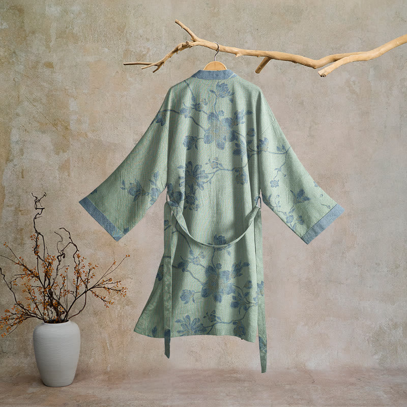 Kimono-Bademantel aus Baumwolle, salbeiblau mit Blumenmuster - image 6