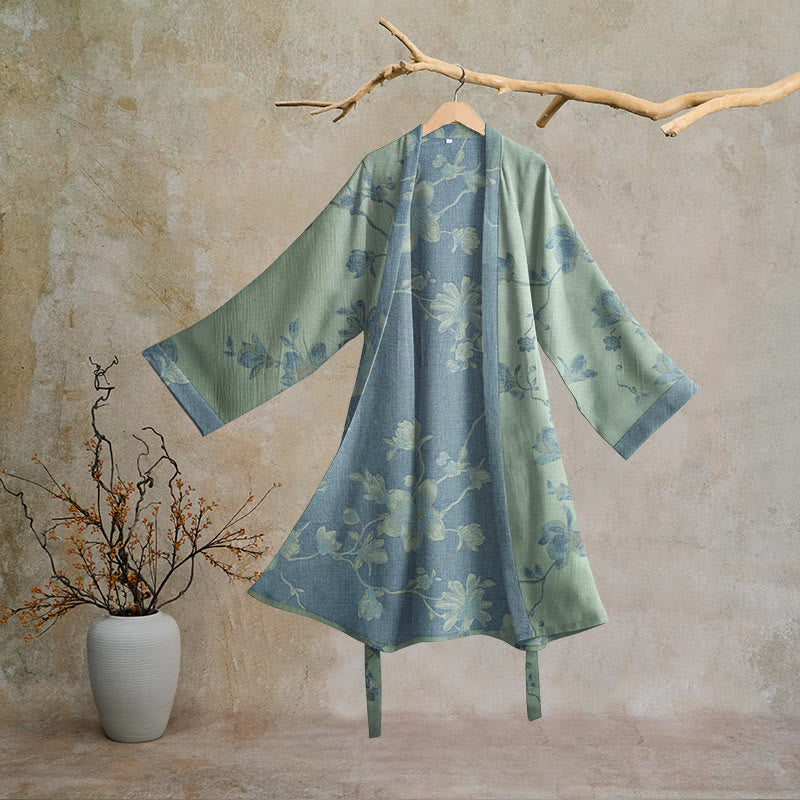 Kimono-Bademantel aus Baumwolle, salbeiblau mit Blumenmuster - Salbei & Blau - 2XL - image 5
