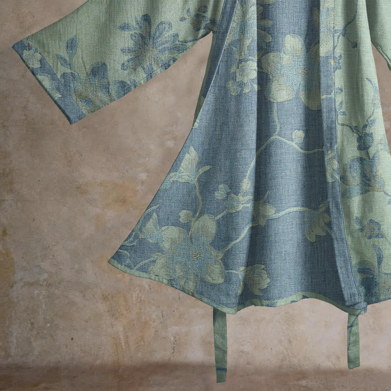 Kimono-Bademantel aus Baumwolle, salbeiblau mit Blumenmuster - image 7