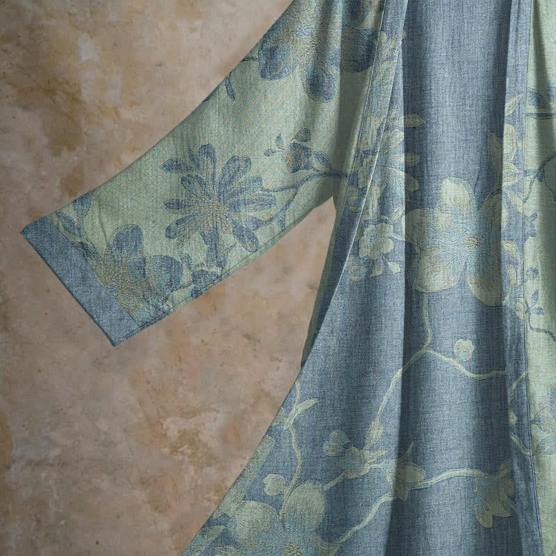 Kimono-Bademantel aus Baumwolle, salbeiblau mit Blumenmuster - image 9