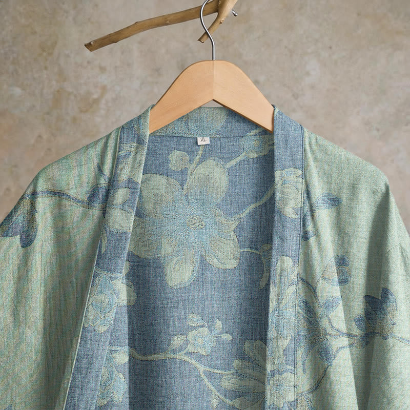 Kimono-Bademantel aus Baumwolle, salbeiblau mit Blumenmuster - image 8