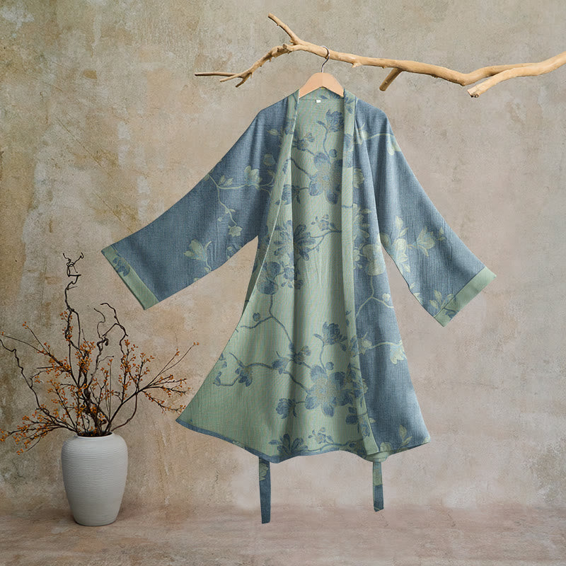 Kimono-Bademantel aus Baumwolle, salbeiblau mit Blumenmuster - Blau & Salbei - 2XL - image 0