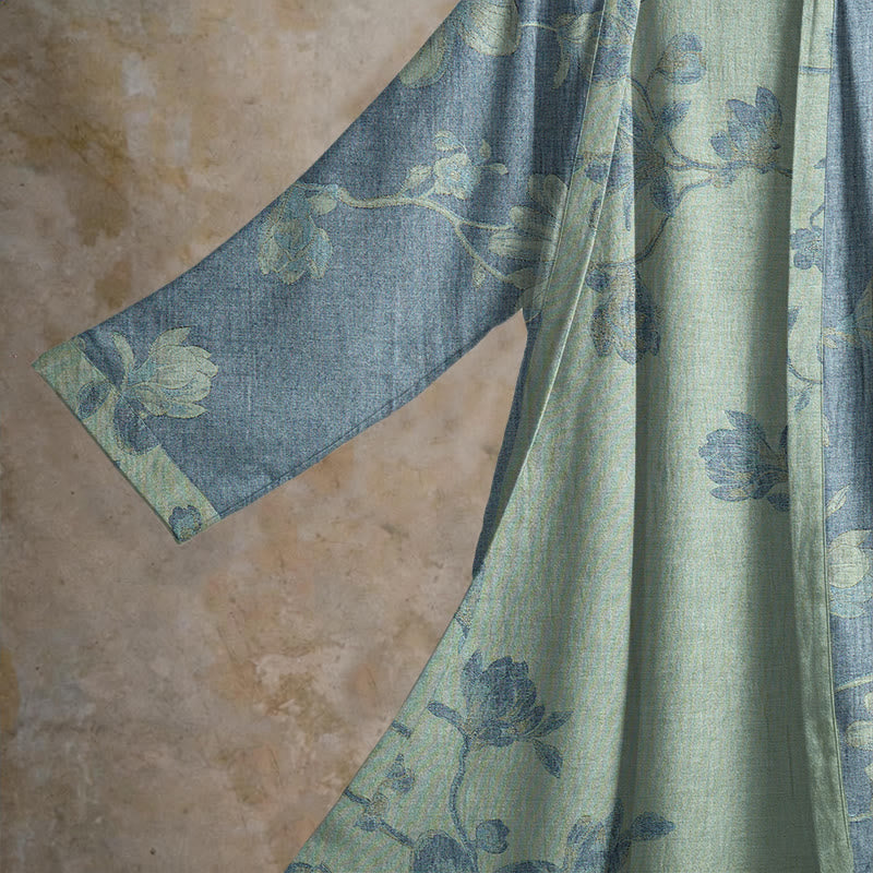 Kimono-Bademantel aus Baumwolle, salbeiblau mit Blumenmuster - image 2