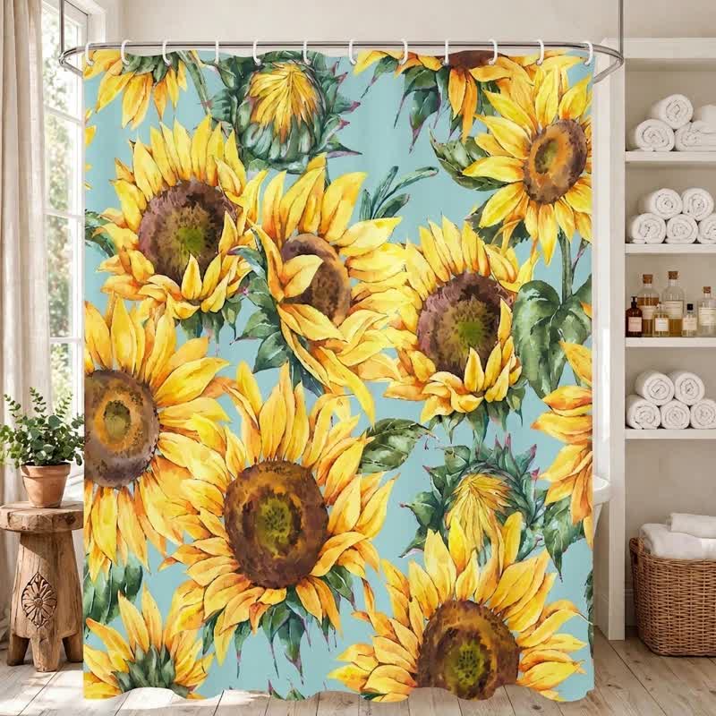 Wasserdichter Duschvorhang mit nordischem Sonnenblumenmuster - Gelb & Grün - 180cm x 200cm - image 0