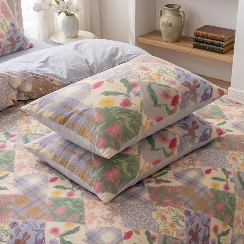 Garten-Patchwork-Bettwäsche-Set aus Baumwolle mit Blumenmuster - Mehrfarbig - 50cm x 50cm x 37" - 2 Kissenbezüge - image 4