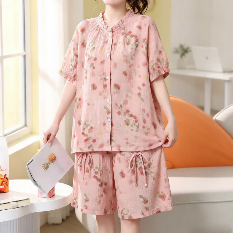Kurzes Pyjama-Set aus Baumwollgaze mit Blumenmuster in Übergröße - Rosa - 5XL - image 0