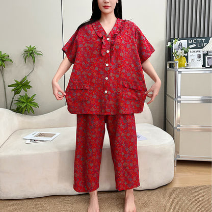 Loungewear-Set in Übergröße mit Rüschenbesatz, kurze Caprihose - image 2