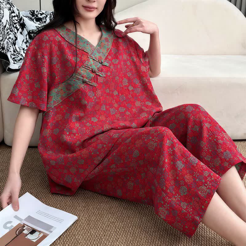 Plus Size Blumenmuster Caprihosen Loungewear - Rot - 5XL - image 0
