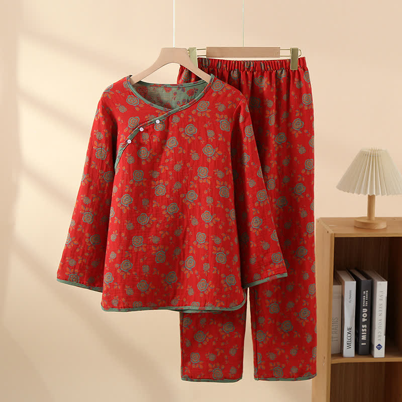 Orientalischer Baumwoll-Pyjama-Set mit seitlicher Knopfleiste und Blumenmuster - Rot - XL - image 0