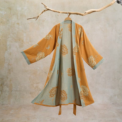 Kimono-Bademantel aus Baumwollgaze mit gelber Pfingstrose - Gelb - XL - image 0
