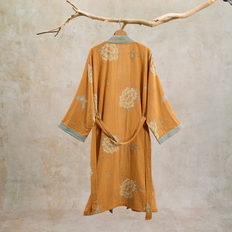 Kimono-Bademantel aus Baumwollgaze mit gelber Pfingstrose - image 1
