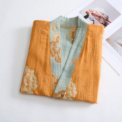 Kimono-Bademantel aus Baumwollgaze mit gelber Pfingstrose - image 2