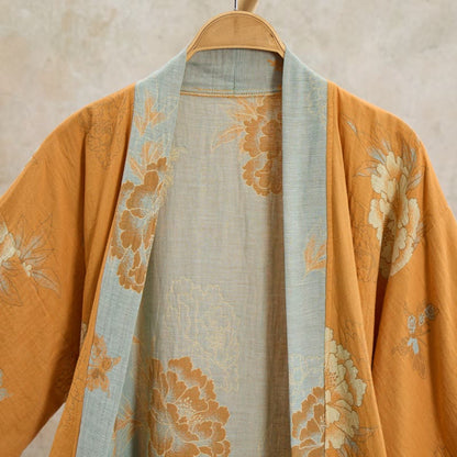 Kimono-Bademantel aus Baumwollgaze mit gelber Pfingstrose - image 3